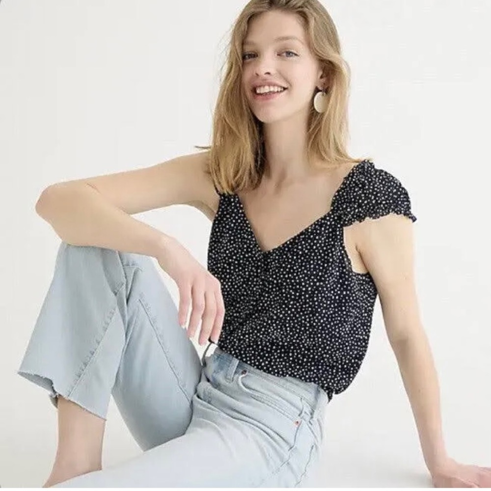 J. Crew Cap Sleeve Crinkle Chiffon Top in Dot Navy